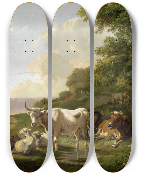 Triptych art skateboard deck of Pieter Gerardus Van Os Landscape With Cattle_2 by Pieter Gerardus Van Os (1776-1836)