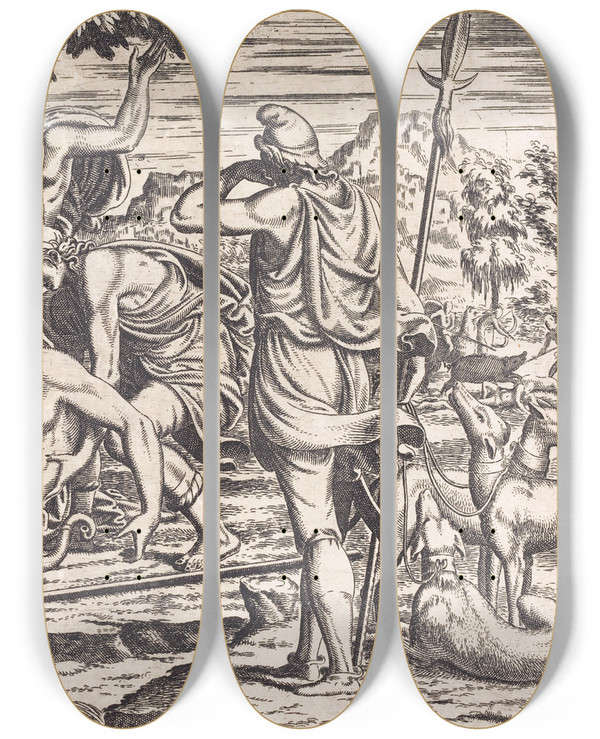 Triptych art skateboard deck of Lon Davent The Death Of Adonis by Leon Davent (1540-1556)