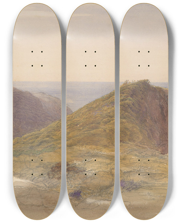 Triptych art skateboard deck of Samuel Palmer On The North Coast Of Devon Lundy Island In The Distance by Samuel Palmer (1805-1881)
