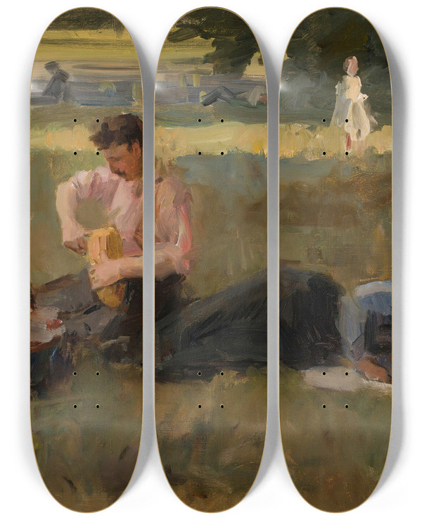 Triptych art skateboard deck of Isaac Israls Picnic In The Bois De Boulogne Paris by Isaac Israels (1865-1934)