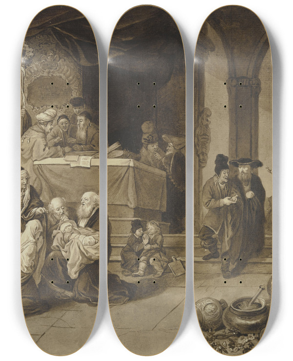 Triptych art skateboard deck of Johann Ernst Constantin Plesch Die Darstellung Im Tempel by Johann Ernst Constantin Plesch