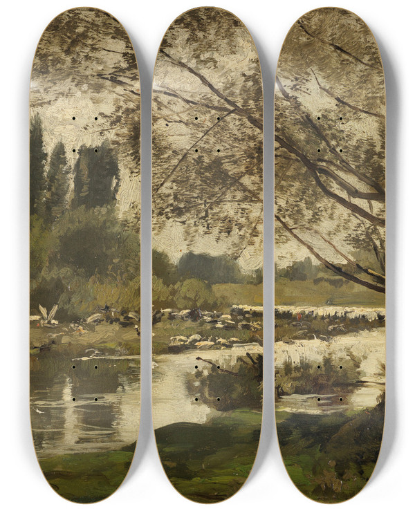 Triptych art skateboard deck of Hermann Baisch Flulandschaft Mit Vgeln Und Weide by Hermann Baisch (1846-1894)