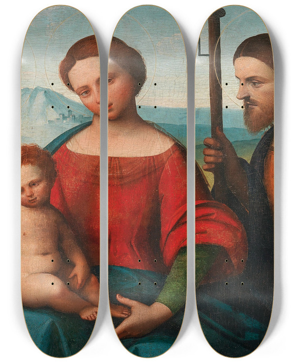 Triptych art skateboard deck of Ortolano The Madonna And Child With Saints Sebastian And James The Greater by Ortolano (1512-1527)