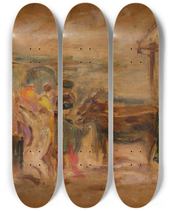 Triptych art skateboard deck of Tadeusz Makowski Figural Scene With Donkeys by Tadeusz Makowski (1882-1932)