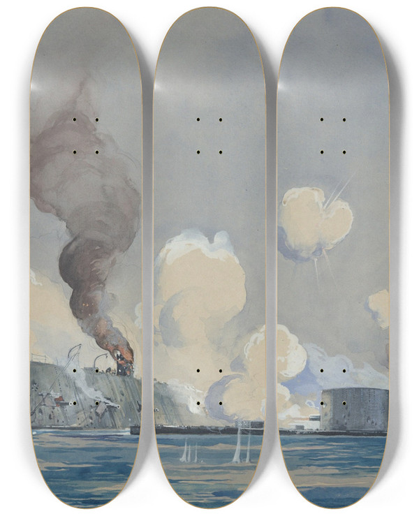 Triptych art skateboard deck of Worden Wood Action Between Uss Monitor And Css Ram Merrimac In Hampton Roads Va Civilwar by Worden Wood (1880-1943)