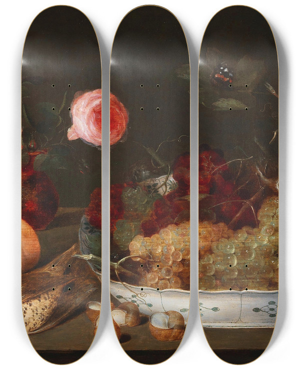 Triptych art skateboard deck of Peter Binoit A Fruit And Flower Still Life With Birds by Peter Binoit (1590-1632)