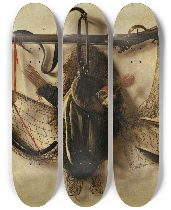 Triptych art skateboard deck of Christoffel Pierson Still Life With Falconry Instruments_1 by Christoffel Pierson (1631-1714)