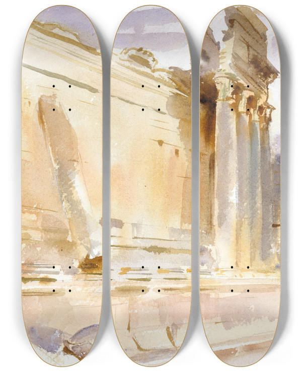 Triptych art skateboard deck of John Singer Sargent Temple Of Bacchus Baalbek by John Singer Sargent (1856-1925)