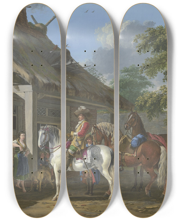 Triptych art skateboard deck of Johann Georg Pforr Ein Reichgekleideter Kavalier Hlt Mit Drei Pferden Und Einem Diener Vor Einem Bauernhaus Eine Barfige Junge Frau Schenkt Ihm Ein by Johann Georg Pforr (1745-1798)