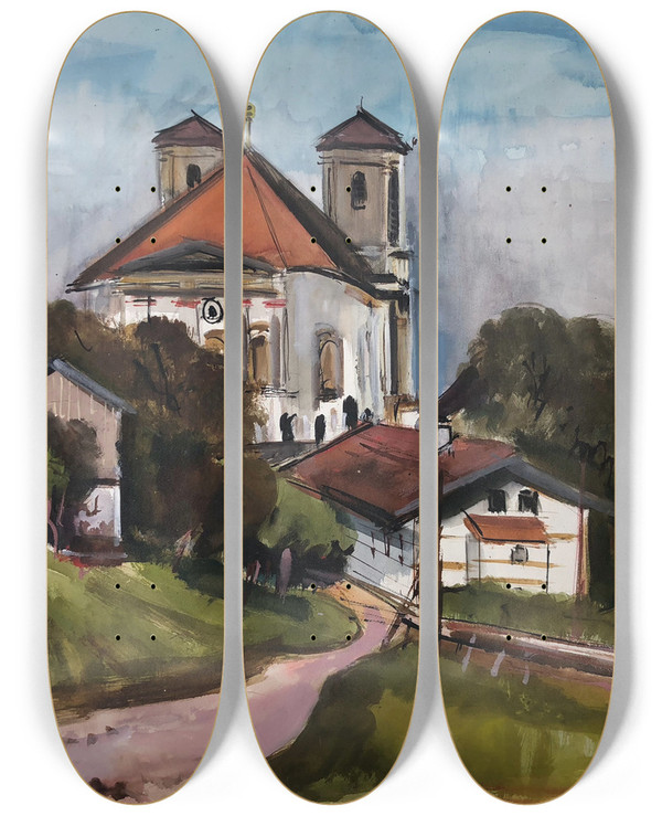 Triptych art skateboard deck of Otto Geigenberger Wallfahrtskirche Marienberg Bei Burghausen by Otto Geigenberger (1881-1946)