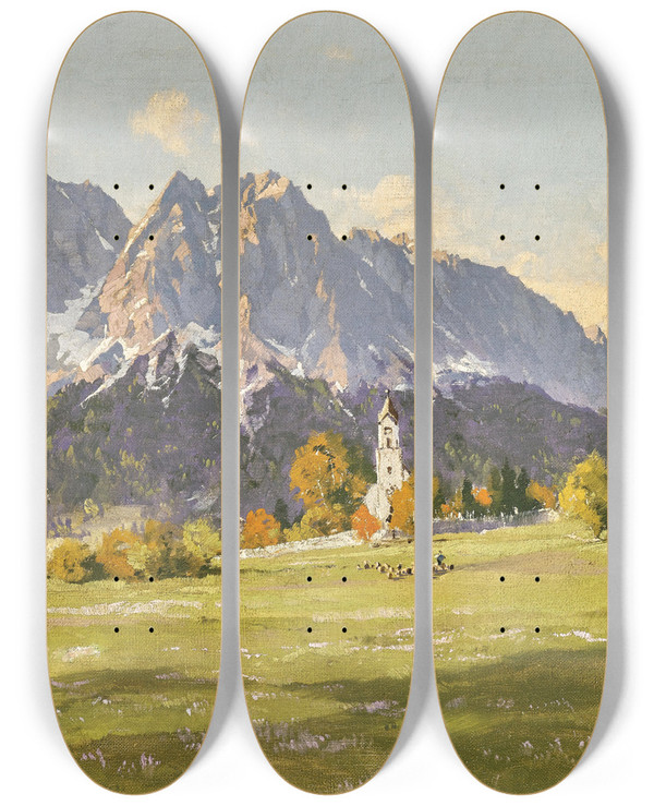 Triptych art skateboard deck of Hans Maurus Obergrainau Mit Zugspitze Und Waxenstein by Hans Maurus (1901-1942)