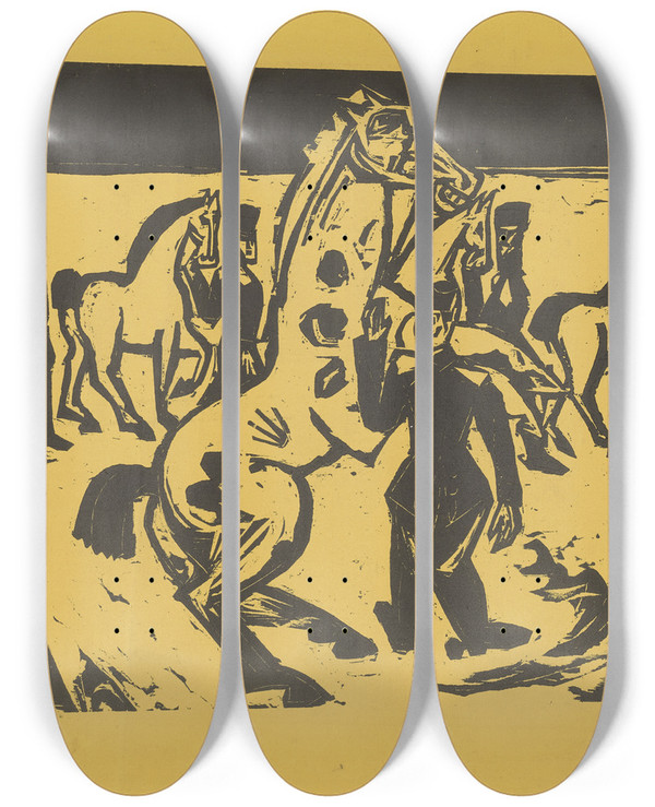 Triptych art skateboard deck of Ernst Ludwig Kirchner Artilleristen Beim Pferdebewegen by Ernst Ludwig Kirchner (1880-1938)