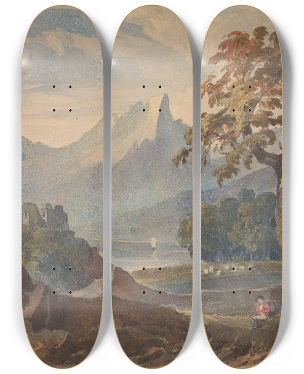Triptych art skateboard deck of Thomas Sully Landscape With Mountains Lake Castle Seated Figure In Foreground by Thomas Sully (1783-1872)
