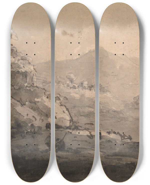 Triptych art skateboard deck of William Gilpin Mountain View by William Gilpin (1724-1804)