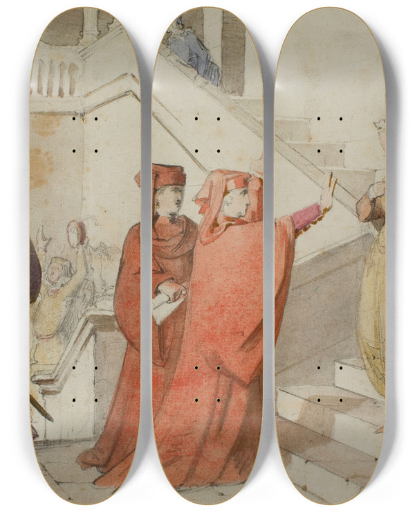 Triptych art skateboard deck of Claudi Lorenzale Queen Joana Is Prevented From Accompanying The Prince Of Viana To Barcelona by Claudi Lorenzale (1814-1889)