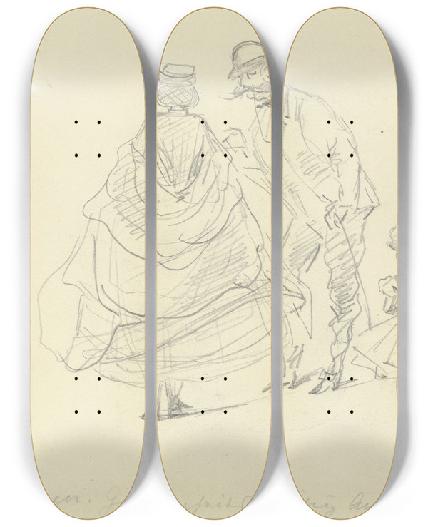 Triptych art skateboard deck of Anton Burger Studienblatt Zwei Erwachsene Zwei Kinder by Anton Burger (1824-1905)