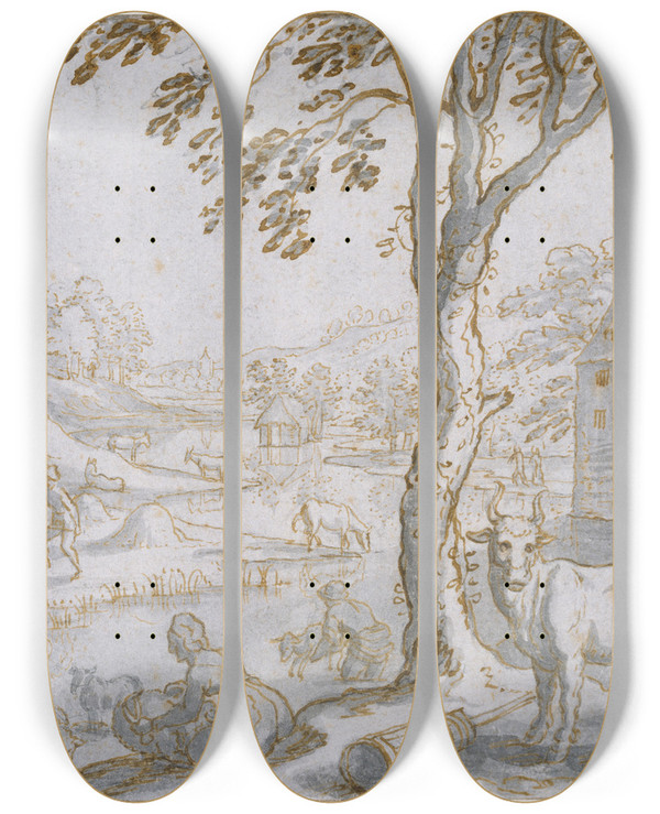 Triptych art skateboard deck of Matthus Merian The Elder Jahreszeitenbild Sommer by Matthus Merian the elder (1593-1650)