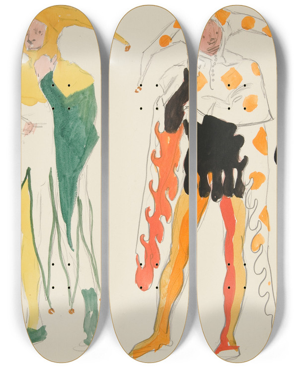 Triptych art skateboard deck of Edwin Austin Abbey Fools Costume Sketch For Henry Irvings Planned Production Of King Richard Ii by Edwin Austin Abbey (1852-1911)