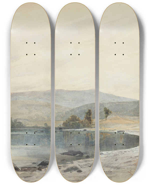Triptych art skateboard deck of James Crowe Richmond Rotoiti Near The Outfall by James Crowe Richmond (1822-1898)