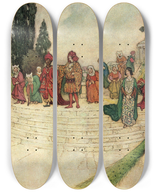 Triptych art skateboard deck of Warwick Goble The Prince And Zoza With The Storytellers by Warwick Goble (1862-1943)