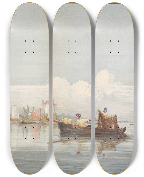 Triptych art skateboard deck of David Cox The Thames At Battersea by David Cox (1783-1859)