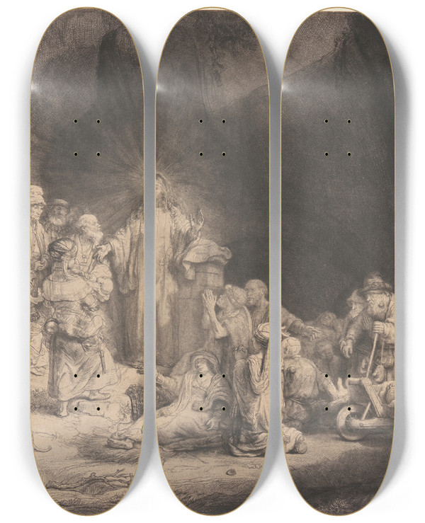 Triptych art skateboard deck of Rembrandt Van Rijn Christ Healing The Sick_1 by Rembrandt Van Rijn (1606-1669)