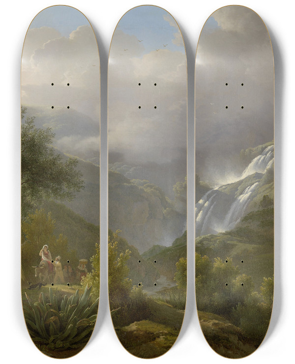 Triptych art skateboard deck of Abraham Teerlink The Cascades At Tivoli With A Storm Approaching by Abraham Teerlink (1776-1857)