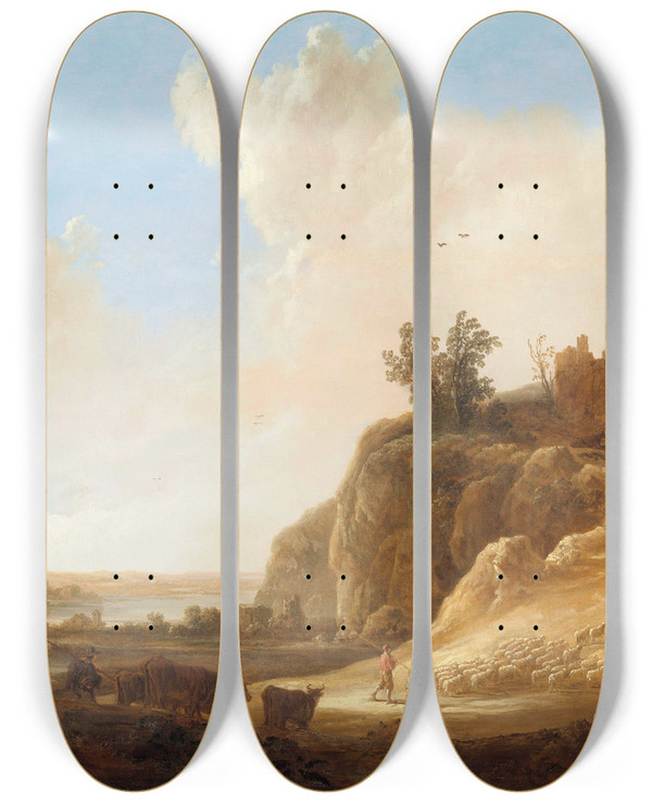 Triptych art skateboard deck of Aelbert Cuyp Mountainous Landscape With The Ruins Of A Castle by Aelbert Cuyp (1620-1691)