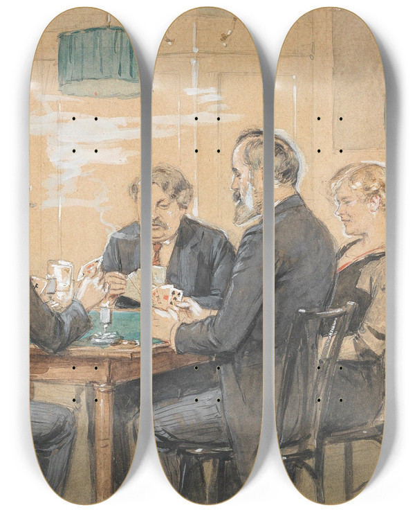 Triptych art skateboard deck of Theodor Zasche Kartenspieler Im Kaffeehaus by Theodor Zasche (1862-1922)