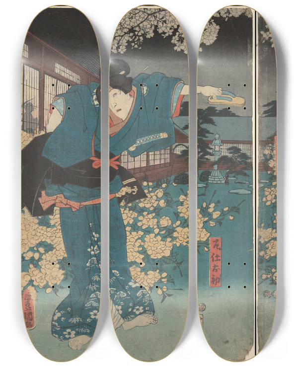 Triptych art skateboard deck of Utagawa Kunisada Toyokuni Iii Actors In The Roles Of Ohatsu And Iwafuji by Utagawa Kunisada (Toyokuni III) (1786-1865)
