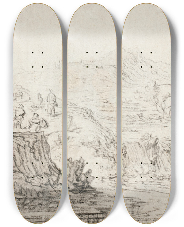 Triptych art skateboard deck of Herman Saftleven Hilly Landscape With Stream And Figures by Herman Saftleven (1609-1685)