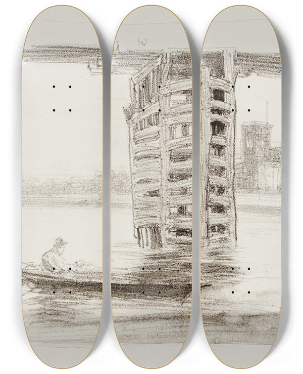 Triptych art skateboard deck of James Abbott Mcneill Whistler The Broad Bridge by James Abbott Mcneill Whistler (1834-1903)