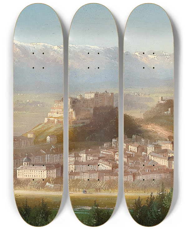 Triptych art skateboard deck of Hubert Sattler View Of Salzburg by Hubert Sattler (1817-1904)