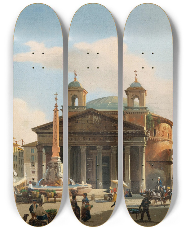 Triptych art skateboard deck of Giuseppe Canella Vue Du Panthon Rome by Giuseppe Canella (1788-1847)