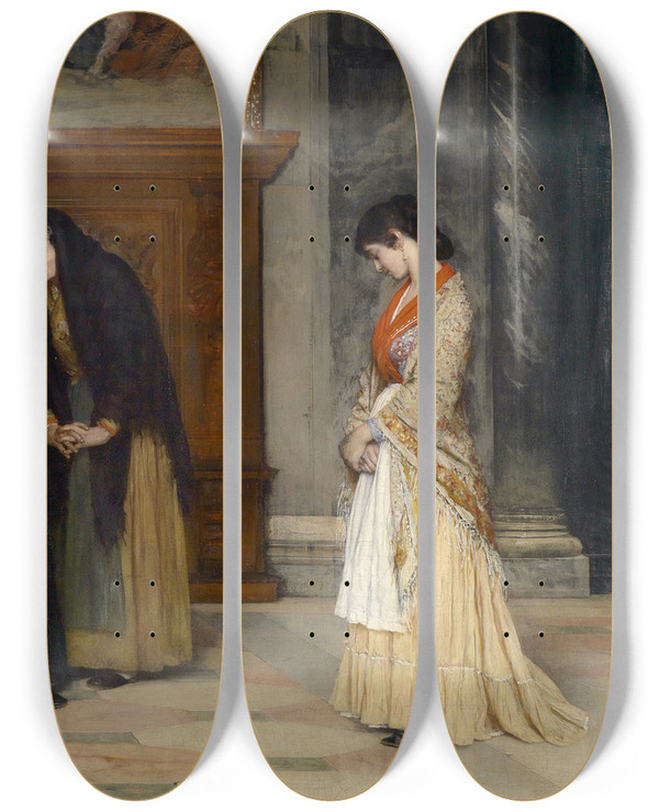 Triptych art skateboard deck of Eugen Von Blaas In The Sacristy by Eugen Von Blaas (1843-1931)
