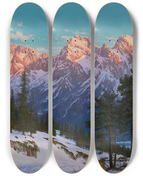 Triptych art skateboard deck of Rudolf Reschreiter Winterliche Abendstimmung Bei Mittenwald by Rudolf Reschreiter (1868-1939)