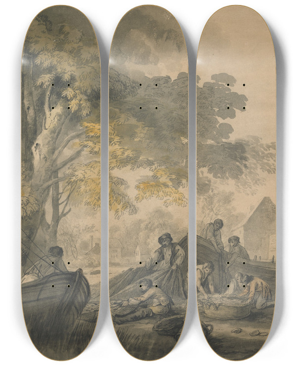 Triptych art skateboard deck of Charles Robertson Boats Fishermen And Peasents Near A Weir by Charles Robertson (1760-1821)