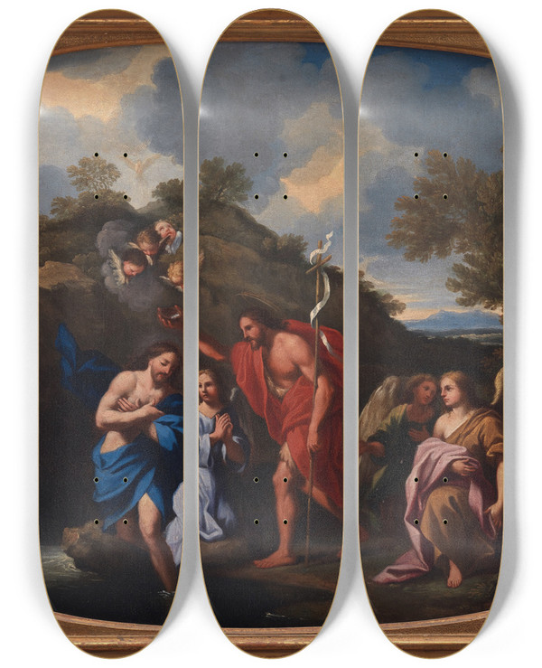 Triptych art skateboard deck of Filippo Lauri The Baptism Of Christ by Filippo Lauri (1623-1694)
