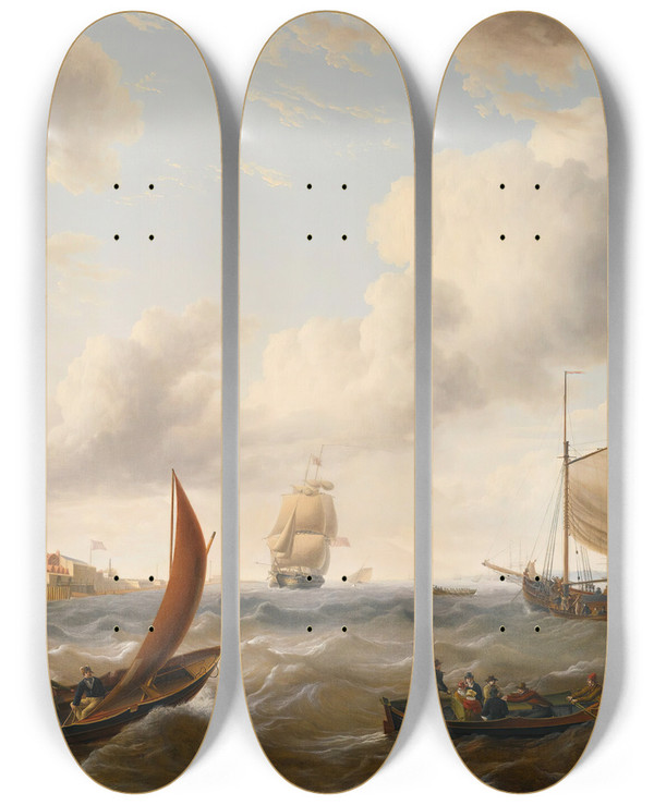 Triptych art skateboard deck of Charles Martin Powell British Men Of War And Other Ships At The Mouth Of Portsmouth Harbor In Choppy Seas by Charles Martin Powell (1775-1824)