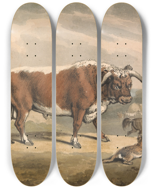 Triptych art skateboard deck of Samuel Howitt A Bull And A Rabbit by Samuel Howitt (1756-1822)
