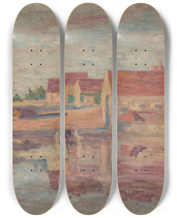 Triptych art skateboard deck of Maximilien Luce Village Au Bord Dune Rivire by Maximilien Luce (1858-1941)