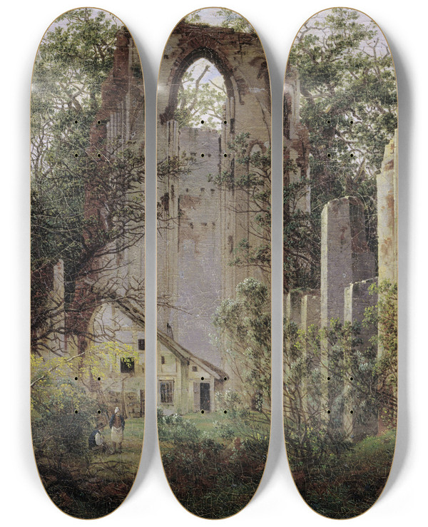 Triptych art skateboard deck of Caspar David Friedrich Monastery Ruin Eldena by Caspar David Friedrich (1774-1840)