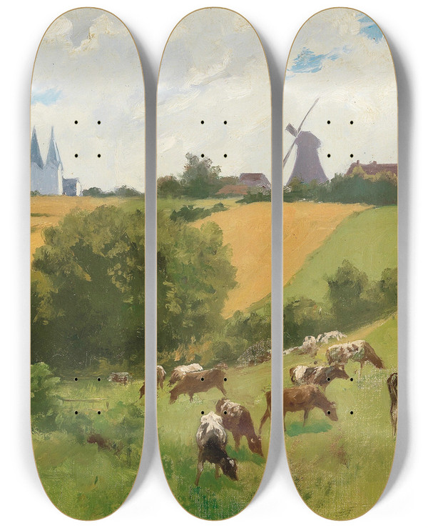 Triptych art skateboard deck of Hermann Seeger Herd Of Animals In A Summer Landscape by Hermann Seeger (1857-1945)