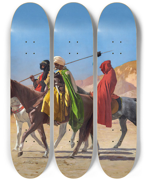 Triptych art skateboard deck of Jeanlon Grme Riders Crossing The Desert by Jean-Lon Grme (1824-1904)