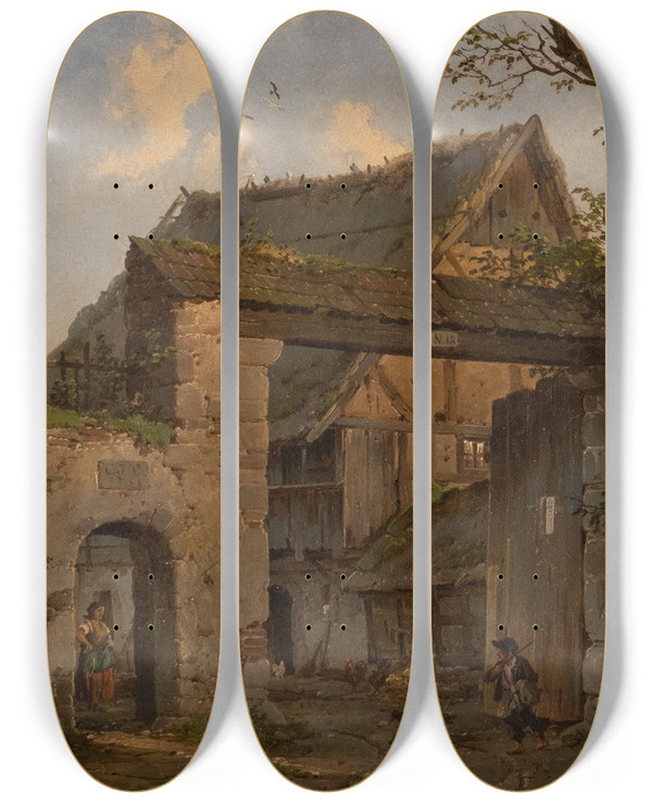 Triptych art skateboard deck of Carl Julius Von Leypold Farmstead In Spring by Carl Julius Von Leypold (1806-1874)