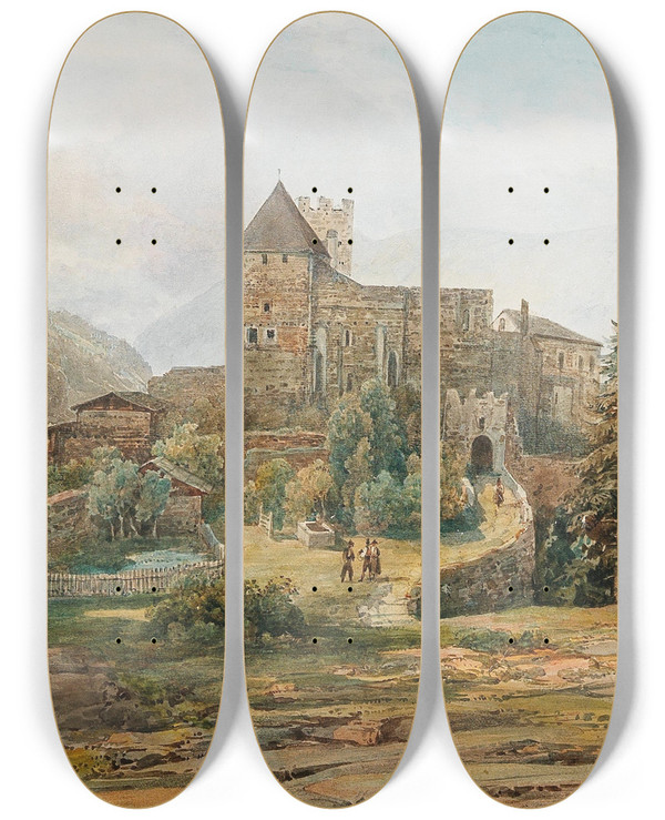 Triptych art skateboard deck of Thomas Ender Trostburg Castle In The Eisack Valley In The South Tyrol by Thomas Ender (1793-1875)