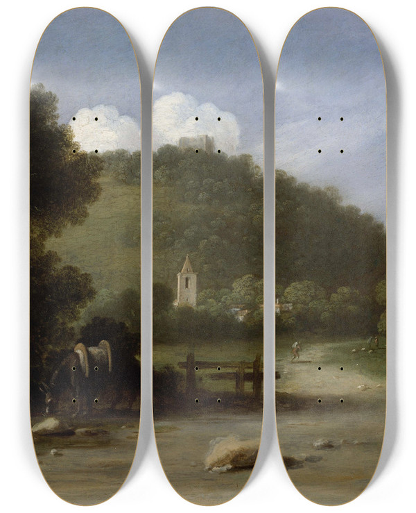 Triptych art skateboard deck of Goffredo Wals Landscape With The Rest On The Flight Into Egypt by Goffredo Wals (1595-1638)