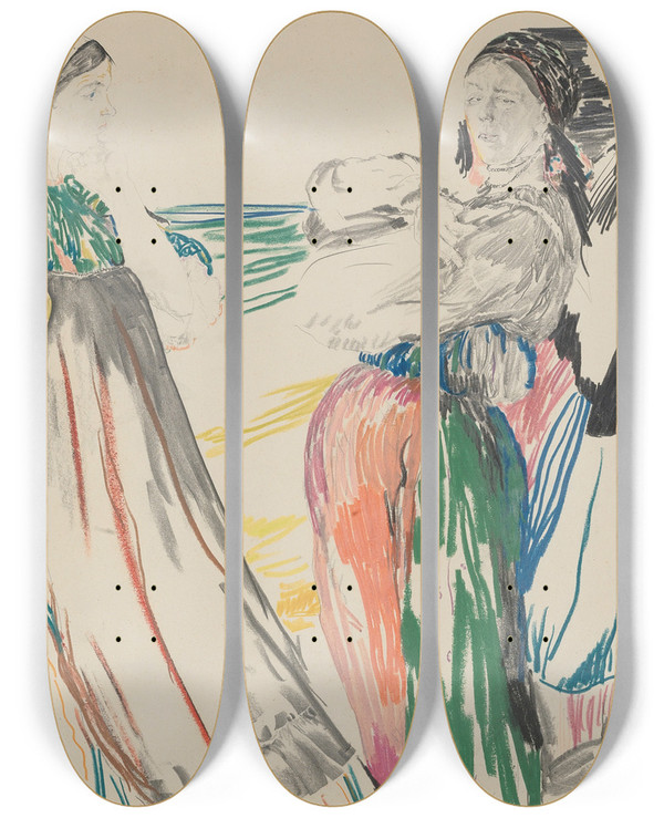 Triptych art skateboard deck of Filipp Malyavin Sketch Of Figures In A Landscape by Filipp Malyavin (1869-1940)