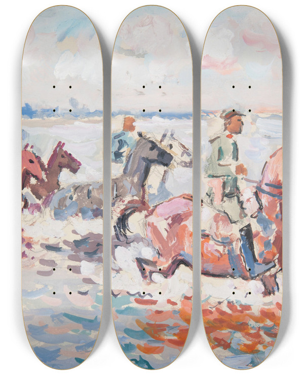 Triptych art skateboard deck of Ivan Ivanec Wojskowi Na Koniach Przeprawiajcy Si Przez Rzek by Ivan Ivanec (1893-1946)