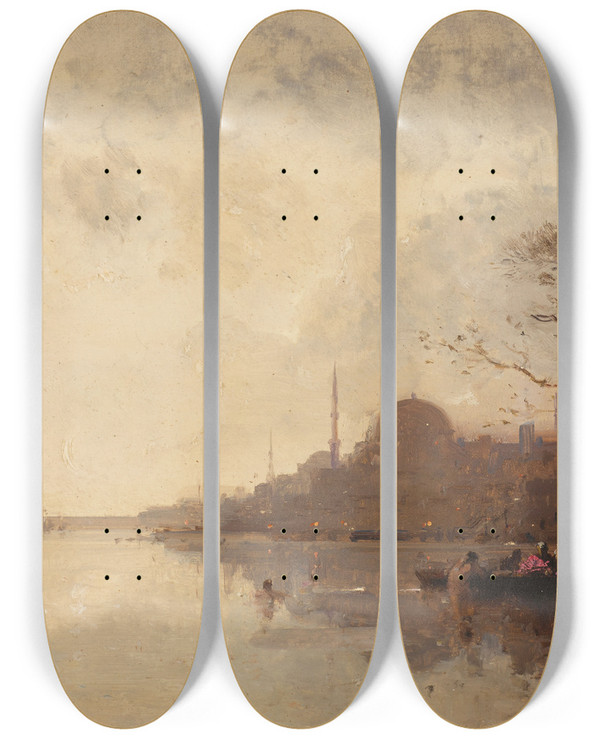 Triptych art skateboard deck of Henri Duvieux A View Of The Bosphorus With Hagia Sophia Constantinople by Henri Duvieux (1855-1882)